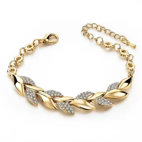 Women Elegant Gold Plated Rhinestone Leaves Chain Bangle