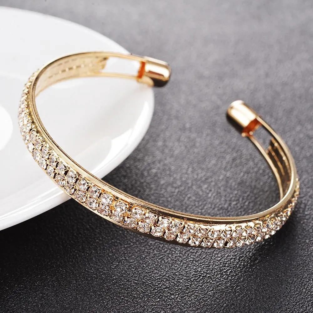 Women Elegant Gold Plated Rhinestone Leaves Chain Bangle