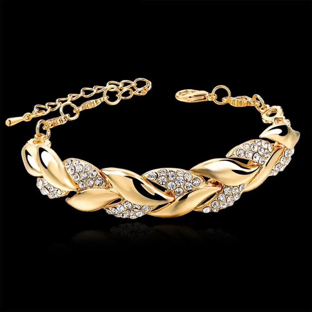 Women Elegant Gold Plated Rhinestone Leaves Chain Bangle