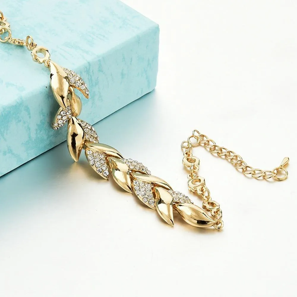 Women Elegant Gold Plated Rhinestone Leaves Chain Bangle