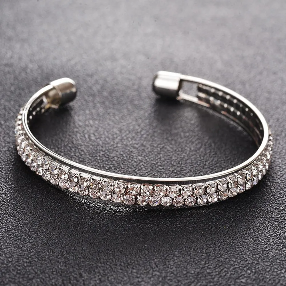 Women Elegant Gold Plated Rhinestone Leaves Chain Bangle