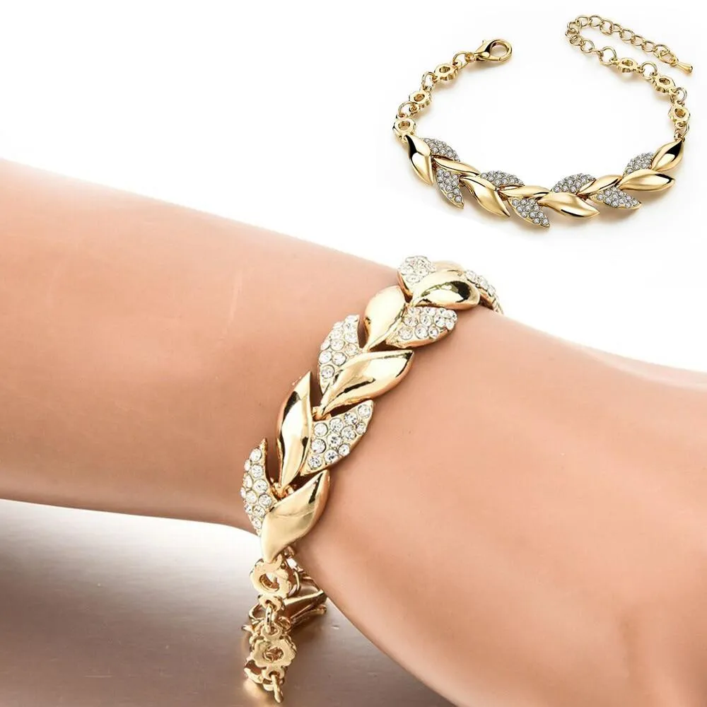 Women Elegant Gold Plated Rhinestone Leaves Chain Bangle