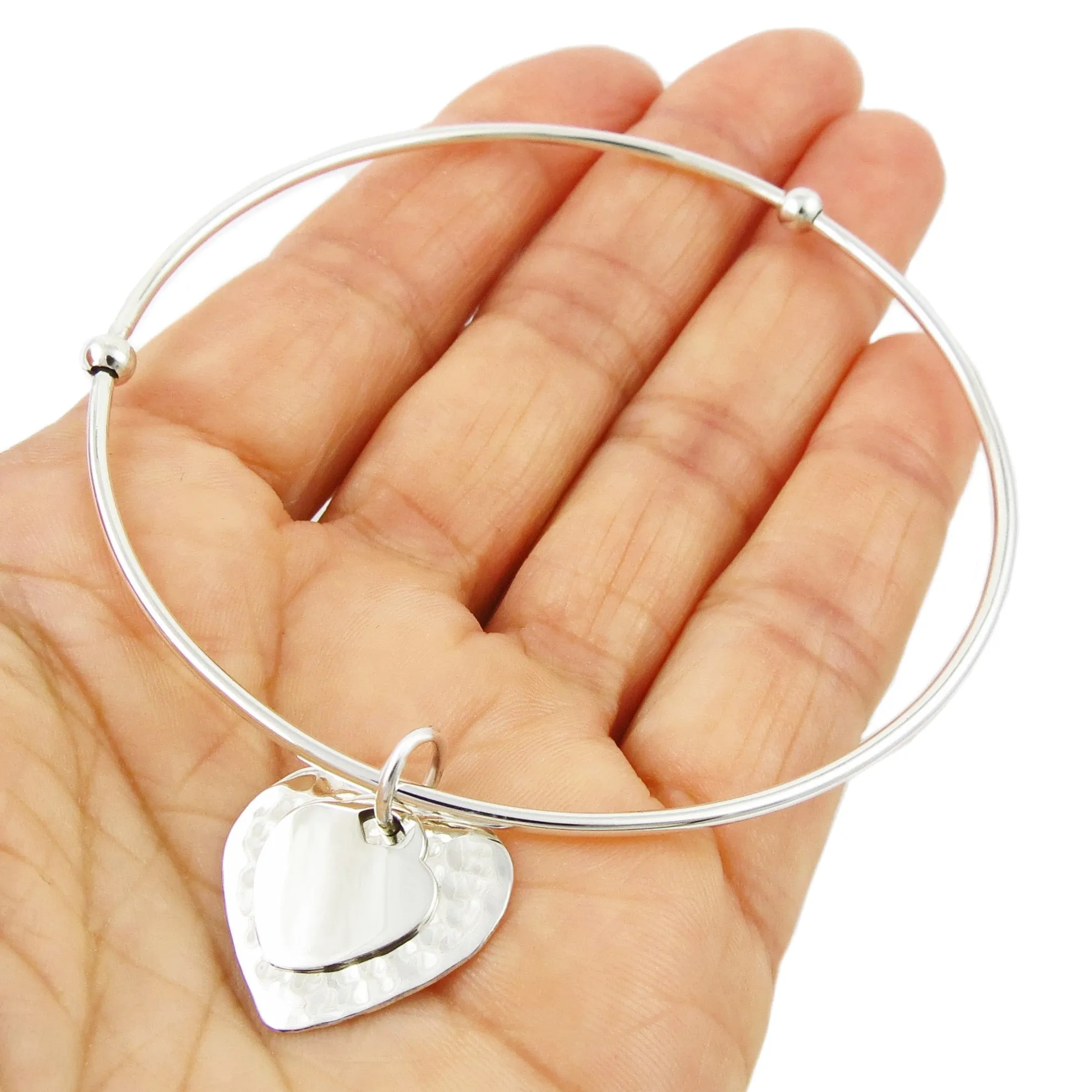 Womens Sterling Silver Bangle with Heart Charms