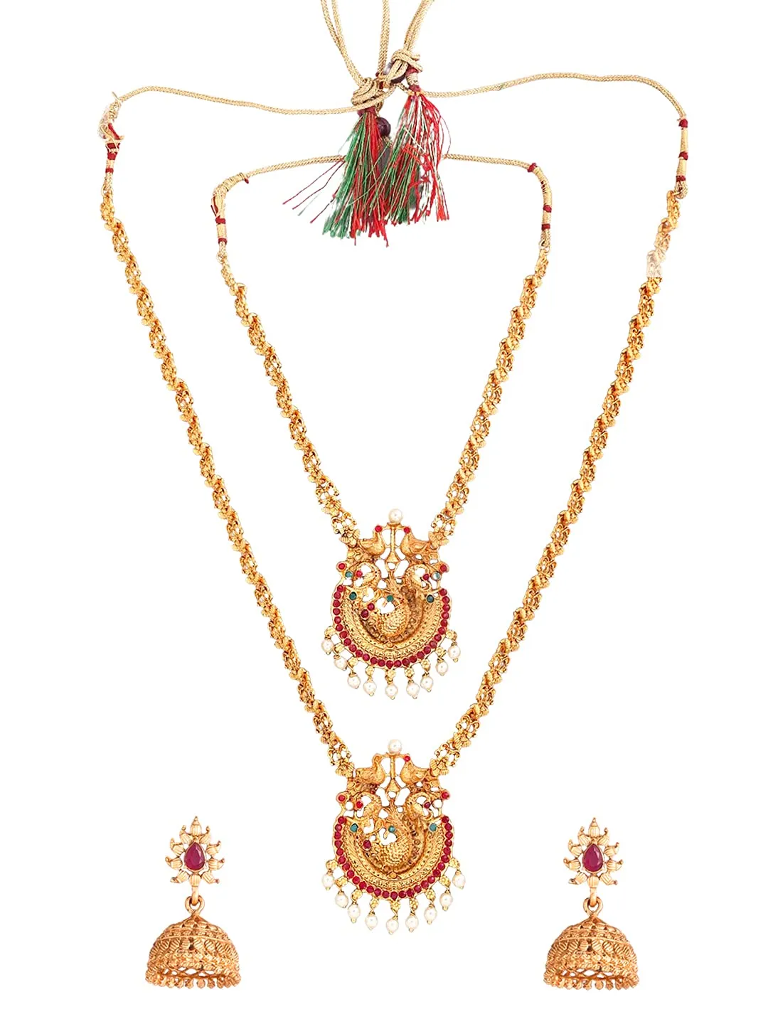 Yellow Chimes Ethnic Gold Plated Peacock Design Traditional Choker Long Haram Necklace Set Jewellery Set for Women and Girls, Medium (YCTJNS-68DULPCK-GL)