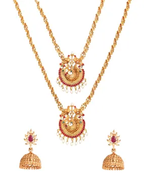 Yellow Chimes Ethnic Gold Plated Peacock Design Traditional Choker Long Haram Necklace Set Jewellery Set for Women and Girls, Medium (YCTJNS-68DULPCK-GL)