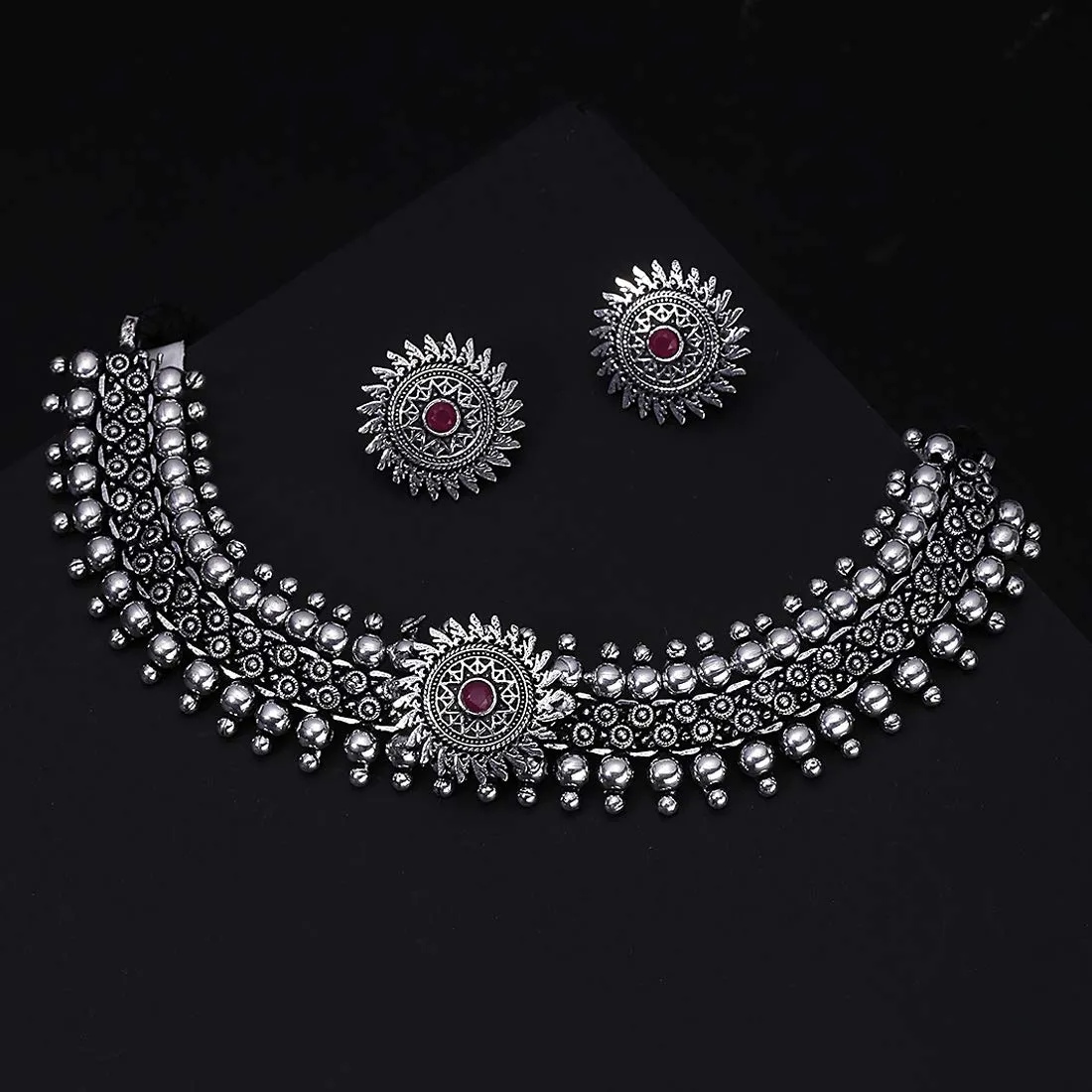 Yellow Chimes Jewellery Set for Women and Girls Traditional Silver Oxidised Jewellery Set Silver Choker Set | Silver look-alike Choker Necklace Set for Women | Birthday Gift For Girls and Women Anniversary Gift for Wife