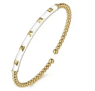 Yellow Gold Bujukan Beads and Pyramid Split Bangle with White Enamel