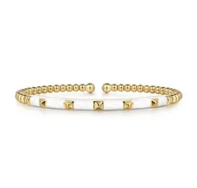 Yellow Gold Bujukan Beads and Pyramid Split Bangle with White Enamel