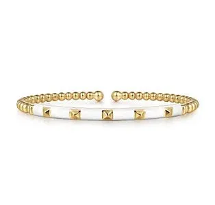 Yellow Gold Bujukan Beads and Pyramid Split Bangle with White Enamel