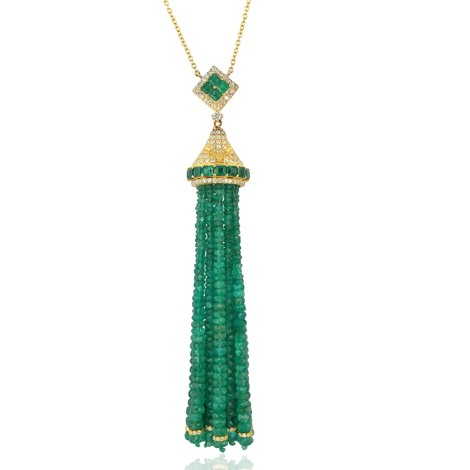 Yellow Gold Faceted Beads Emerald Channel Set Baguette Diamond tassel Matinee Necklace